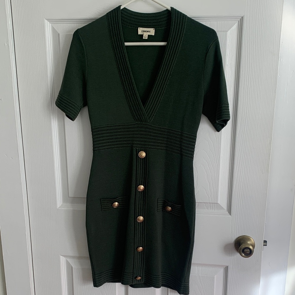 L’AGENCE Kate Knit Mini Dress Dark Green with Gold Buttons